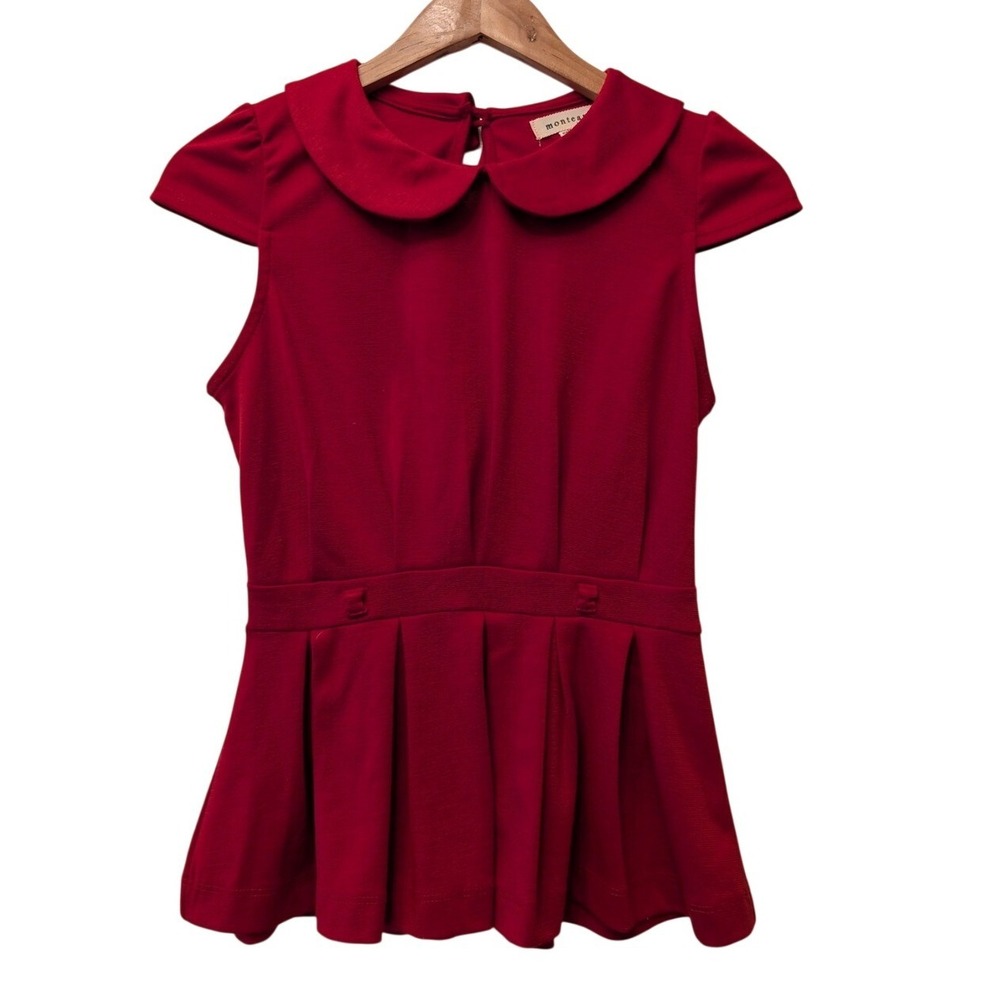 Monteau Red Peter Pan Collar Peplum Top Cap Sleeve Keyhole Back Small